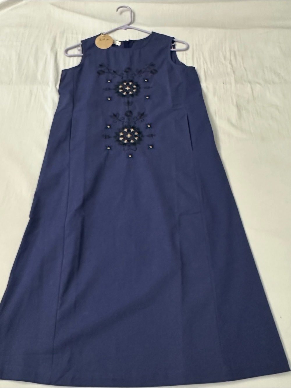Linen Sleeveless Navy Embellished Shift Dress